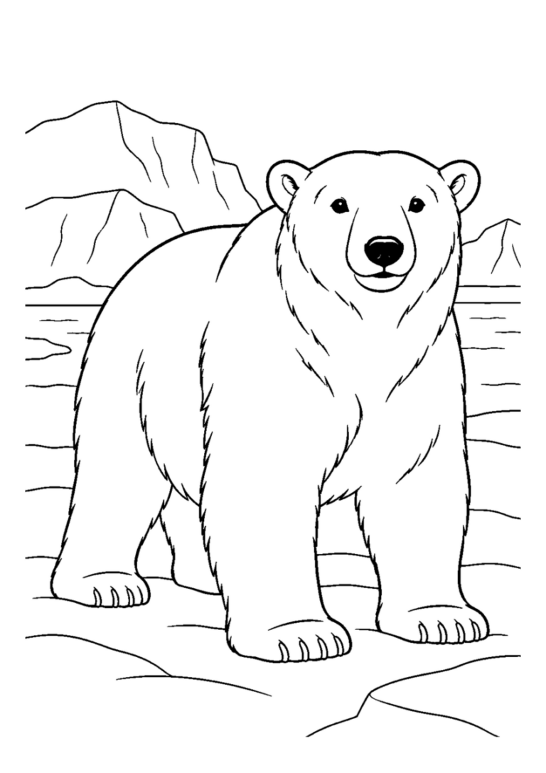 雪原のほっきょくぐまを大きく描いた高齢者向けの白黒塗り絵