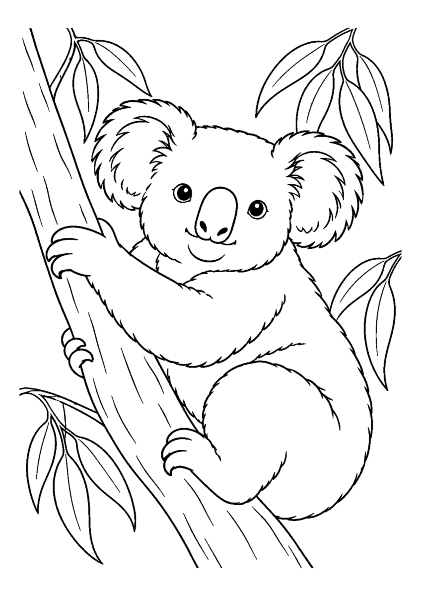 ユーカリの木のコアラを大きく描いた高齢者向けの白黒塗り絵