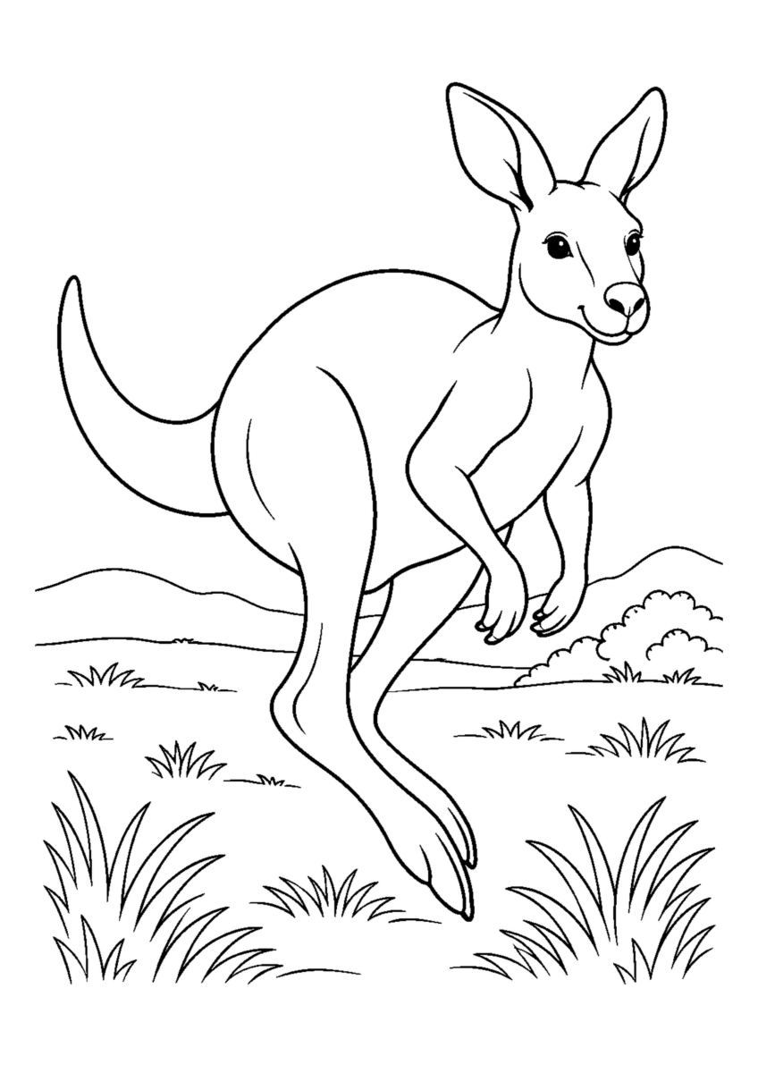 草原を跳ねるカンガルーを大きく描いた高齢者向けの白黒塗り絵