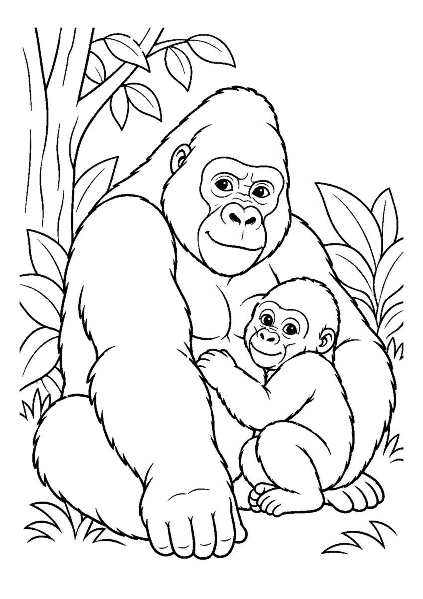 森のゴリラの親子を大きく描いた高齢者向けの白黒塗り絵