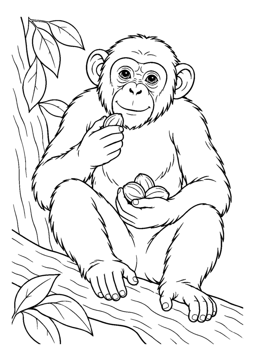 木の実を持つチンパンジーを大きく描いた高齢者向けの白黒塗り絵