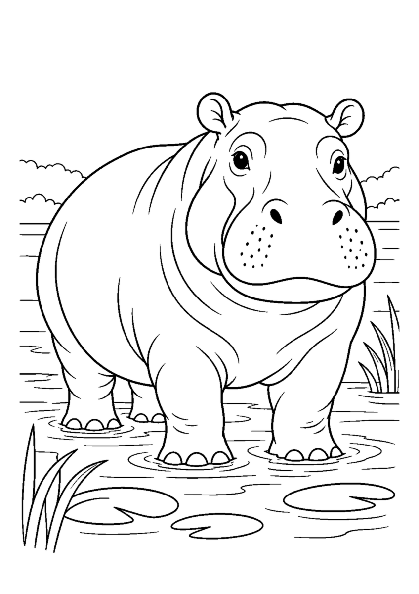 水辺のかばを大きく描いた高齢者向けの白黒塗り絵