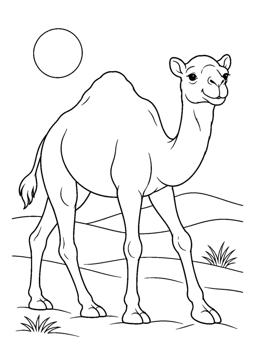 砂漠を歩くらくだを大きく描いた高齢者向けの白黒塗り絵