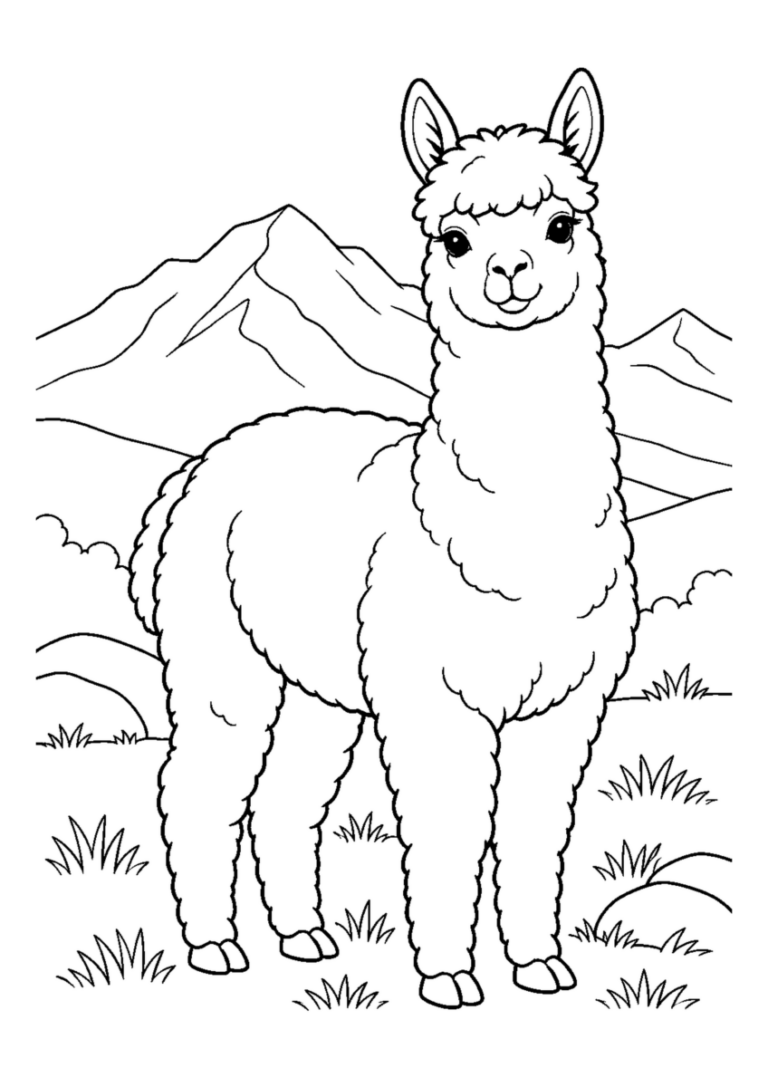 高原のアルパカを大きく描いた高齢者向けの白黒塗り絵