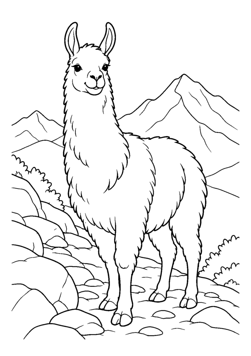 山道のラマを大きく描いた高齢者向けの白黒塗り絵