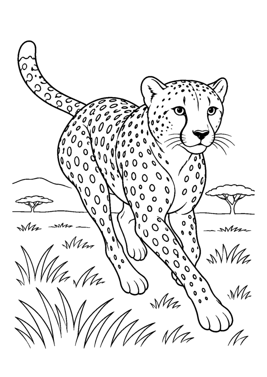 草原を走るチーターを大きく描いた高齢者向けの白黒塗り絵
