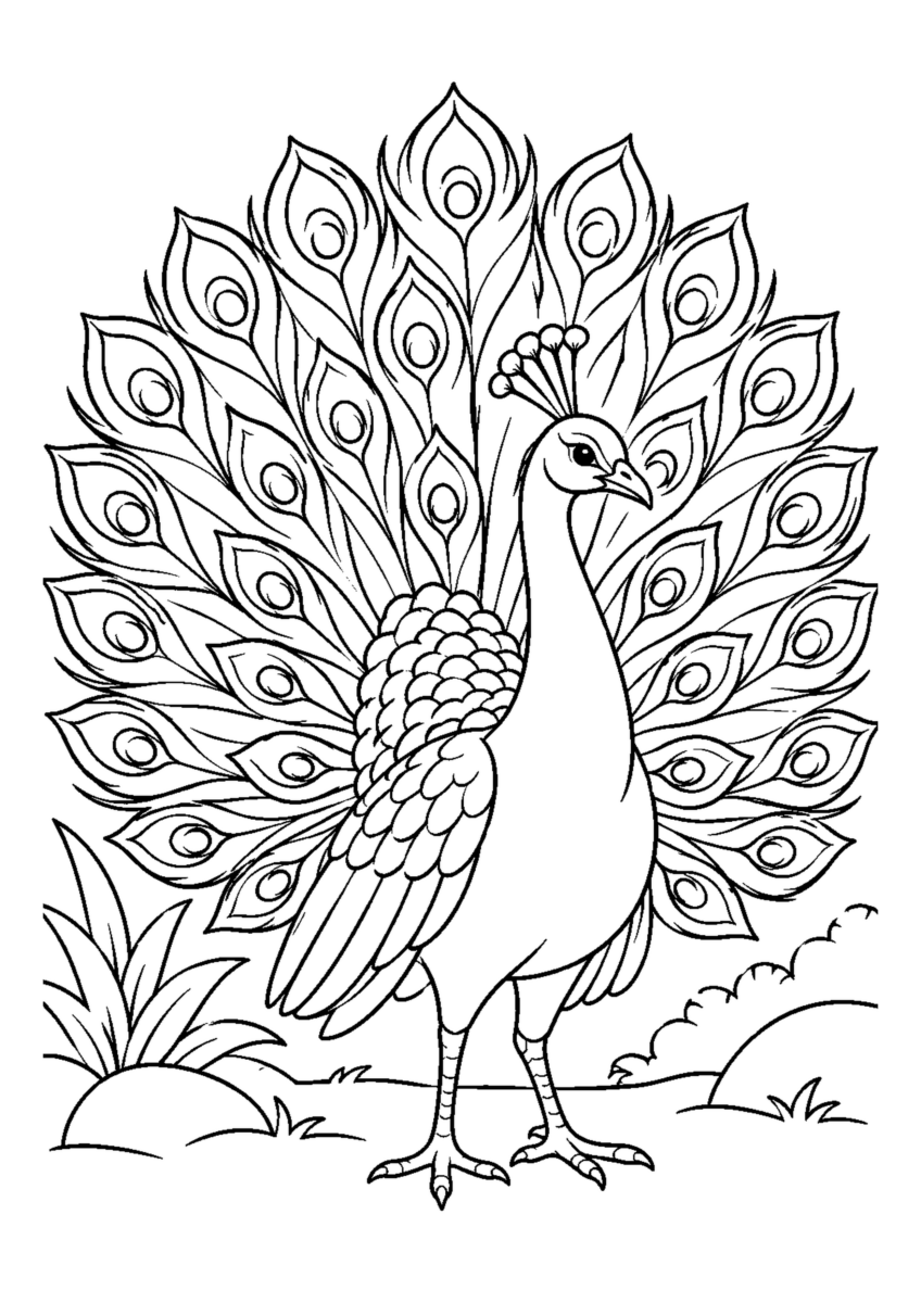 尾を広げるくじゃくを大きく描いた高齢者向けの白黒塗り絵