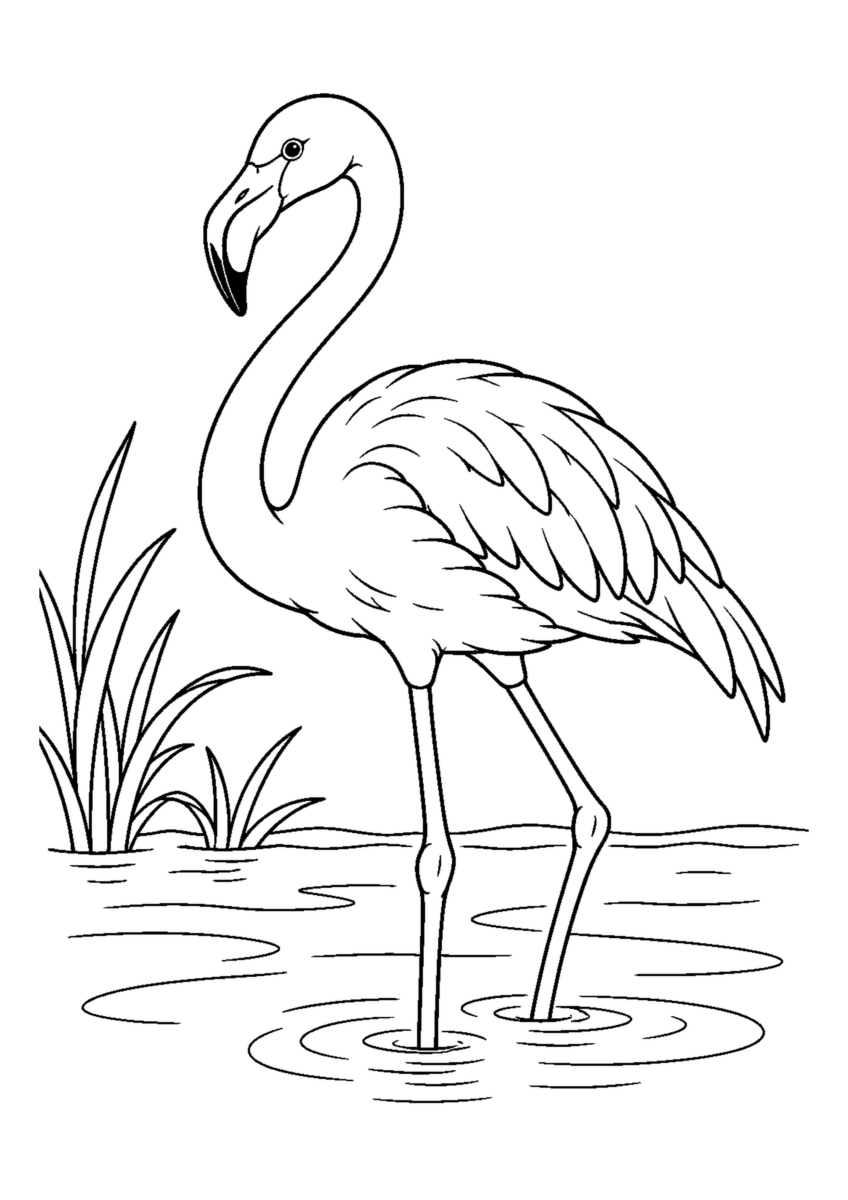 浅瀬に立つフラミンゴを大きく描いた高齢者向けの白黒塗り絵