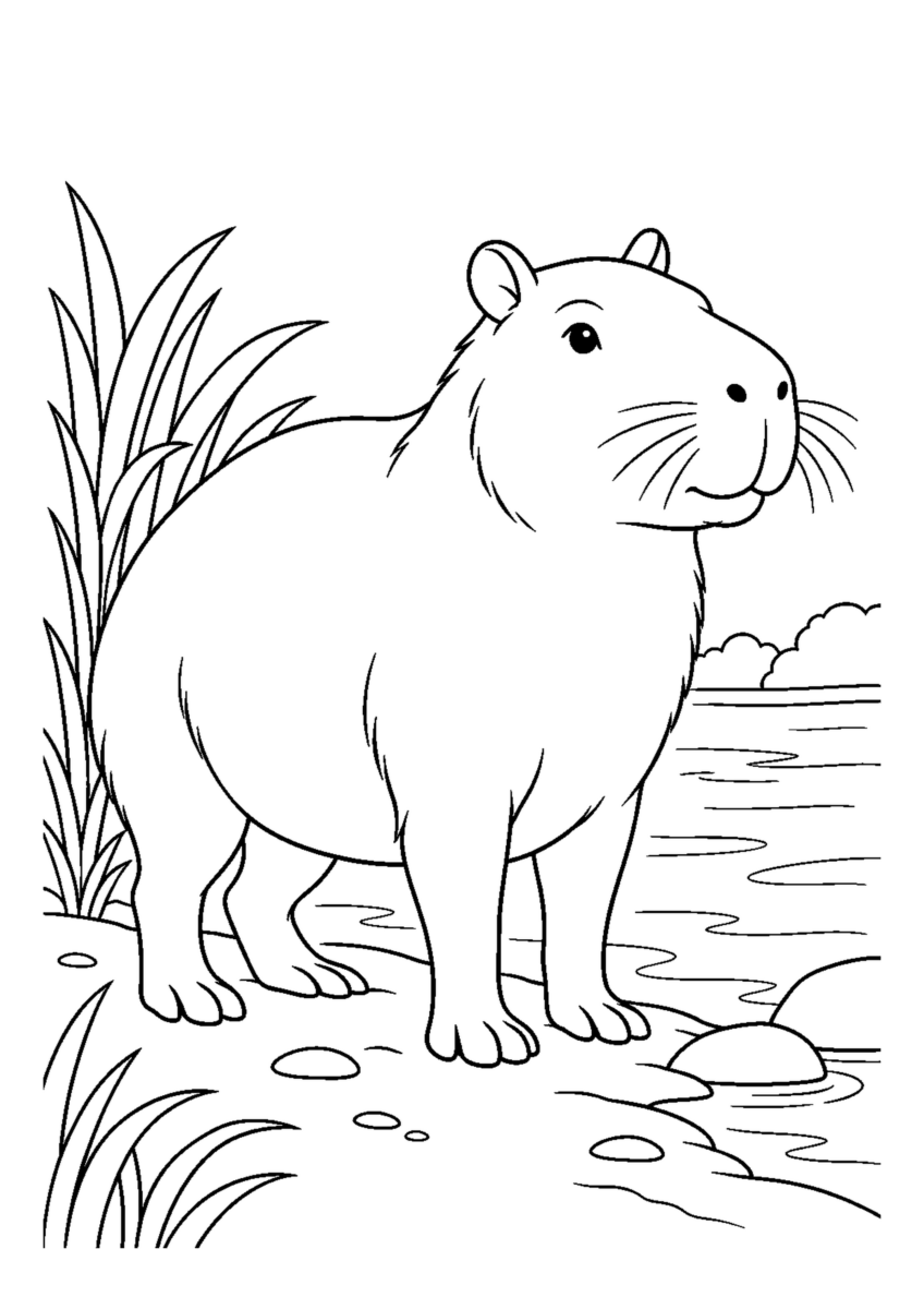 川辺のカピバラを大きく描いた高齢者向けの白黒塗り絵