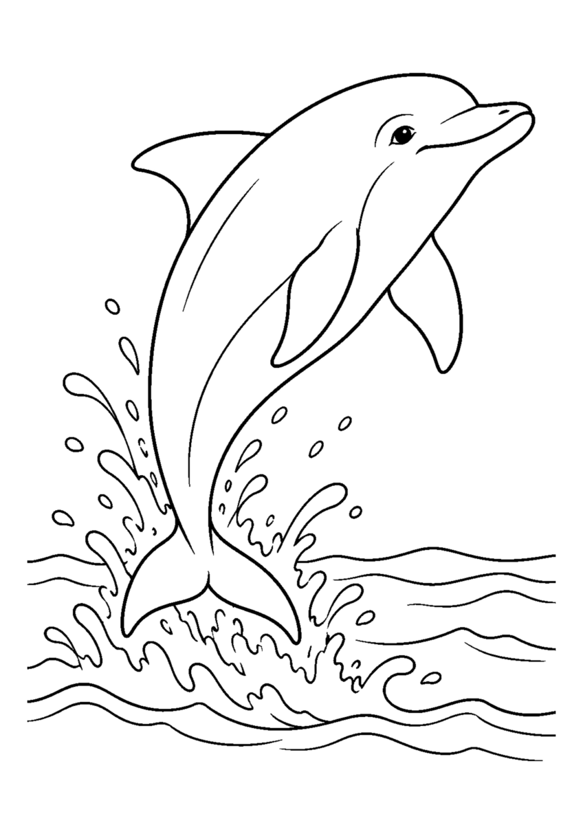 海を跳ねるいるかを大きく描いた高齢者向けの白黒塗り絵