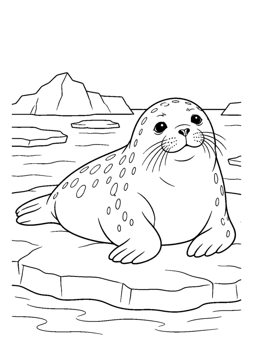 流氷で休むあざらしを大きく描いた高齢者向けの白黒塗り絵