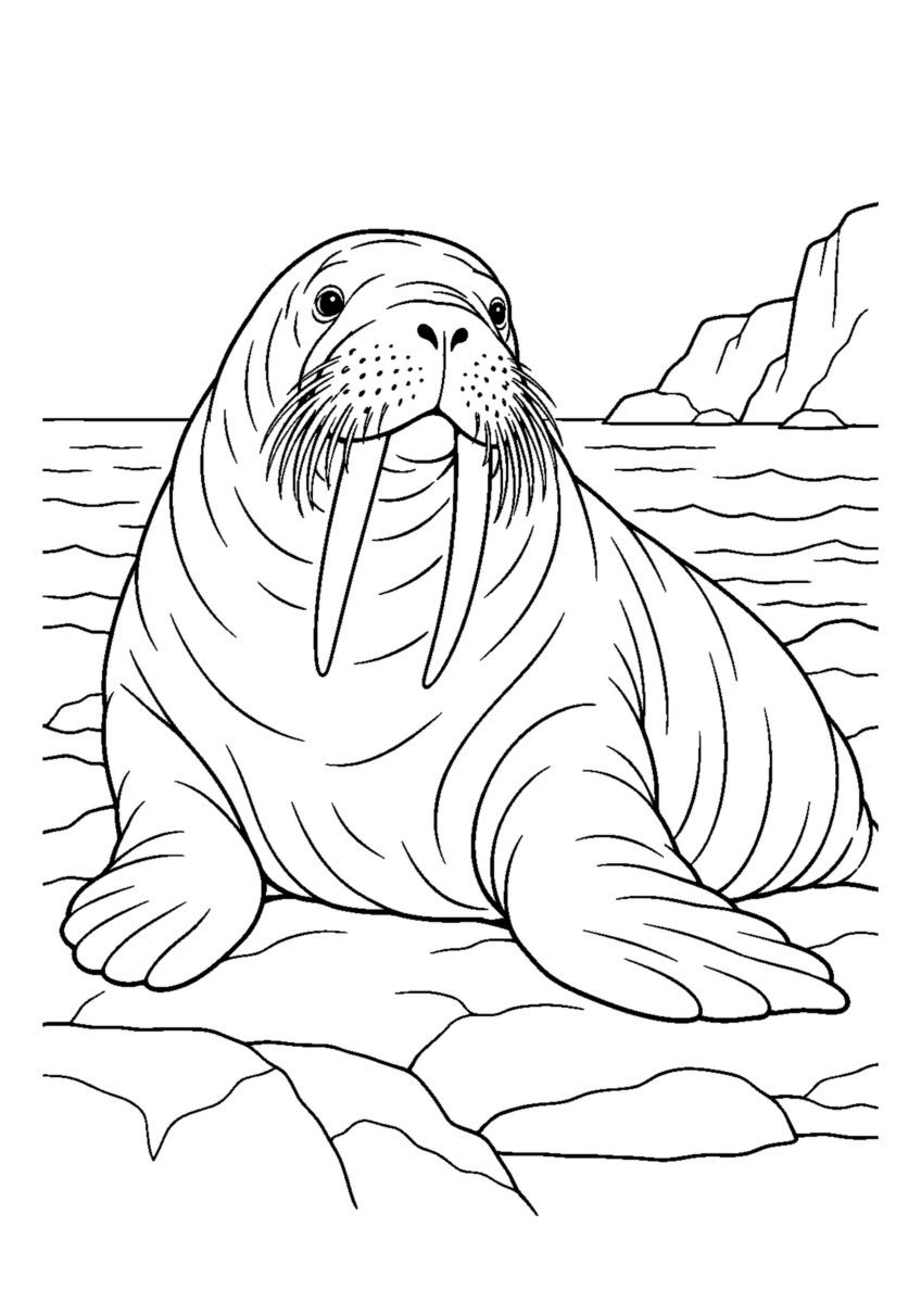海辺のせいうちを大きく描いた高齢者向けの白黒塗り絵