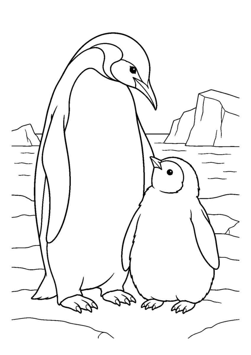 氷の上のペンギン親子を大きく描いた高齢者向けの白黒塗り絵