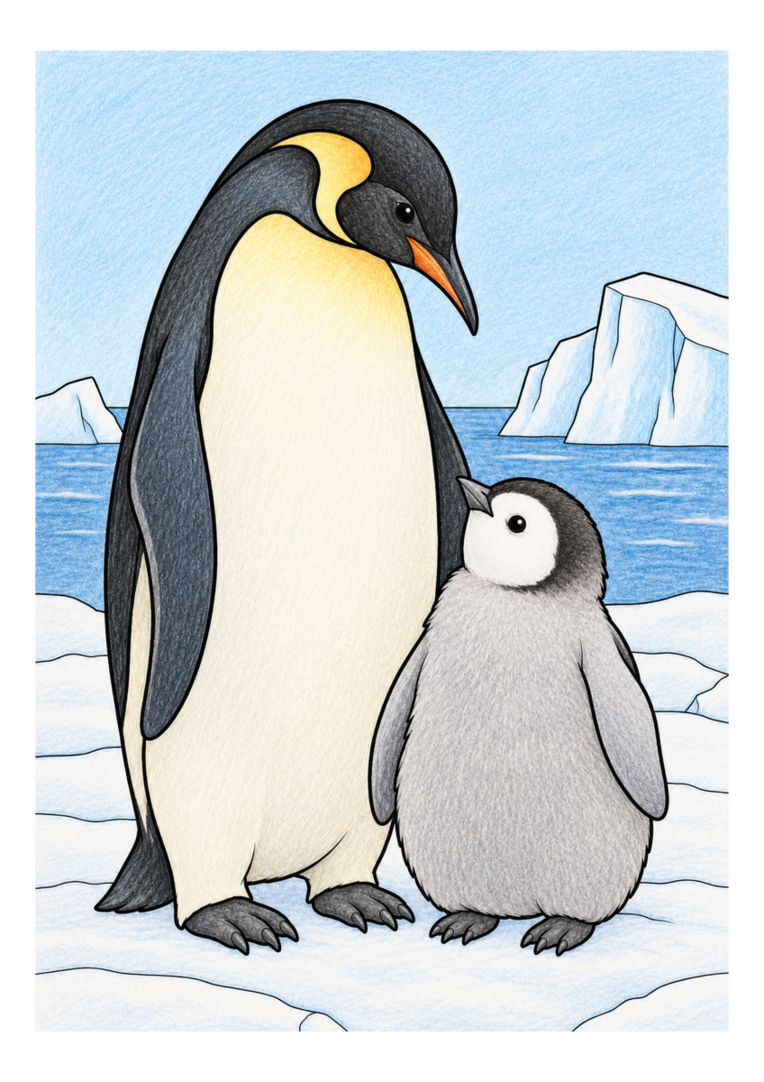 白黒塗り絵と同じ構図の氷の上のペンギン親子を自然で落ち着いた色に塗った着色見本