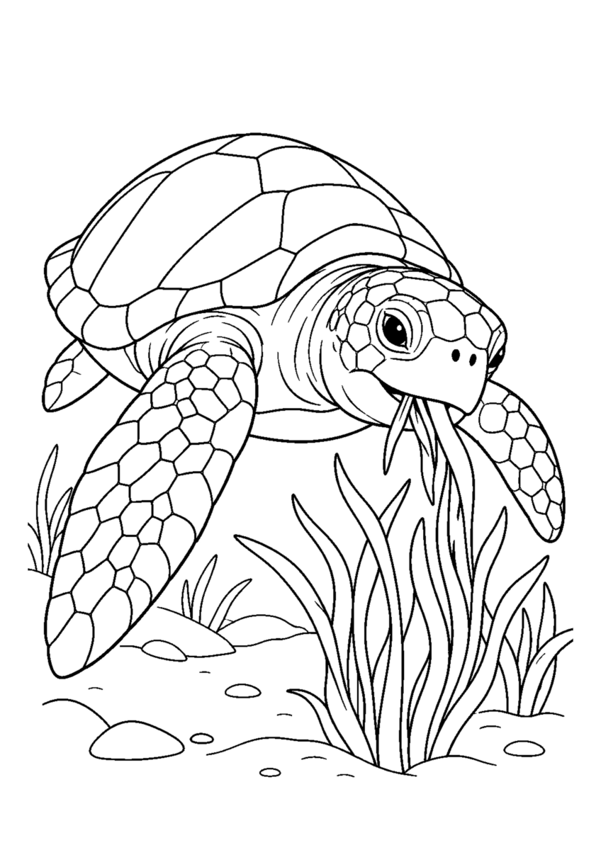 海草を食べるうみがめを大きく描いた高齢者向けの白黒塗り絵