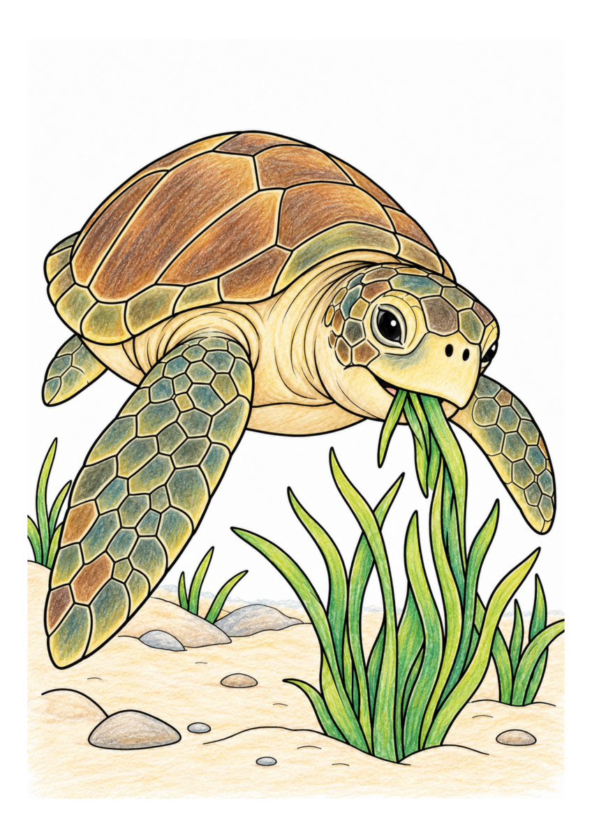 白黒塗り絵と同じ構図の海草を食べるうみがめを自然で落ち着いた色に塗った着色見本