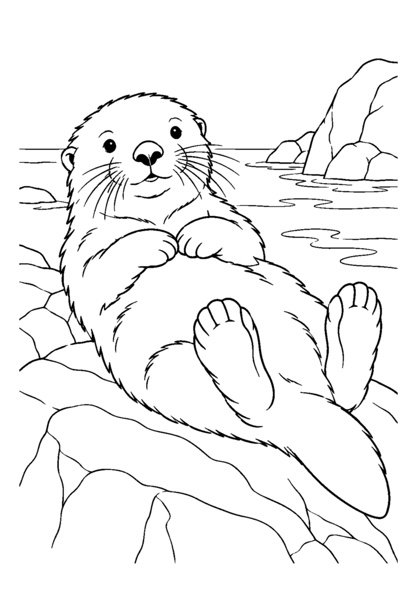 岩場のらっこを大きく描いた高齢者向けの白黒塗り絵