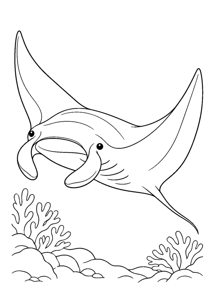 海中を泳ぐマンタを大きく描いた高齢者向けの白黒塗り絵