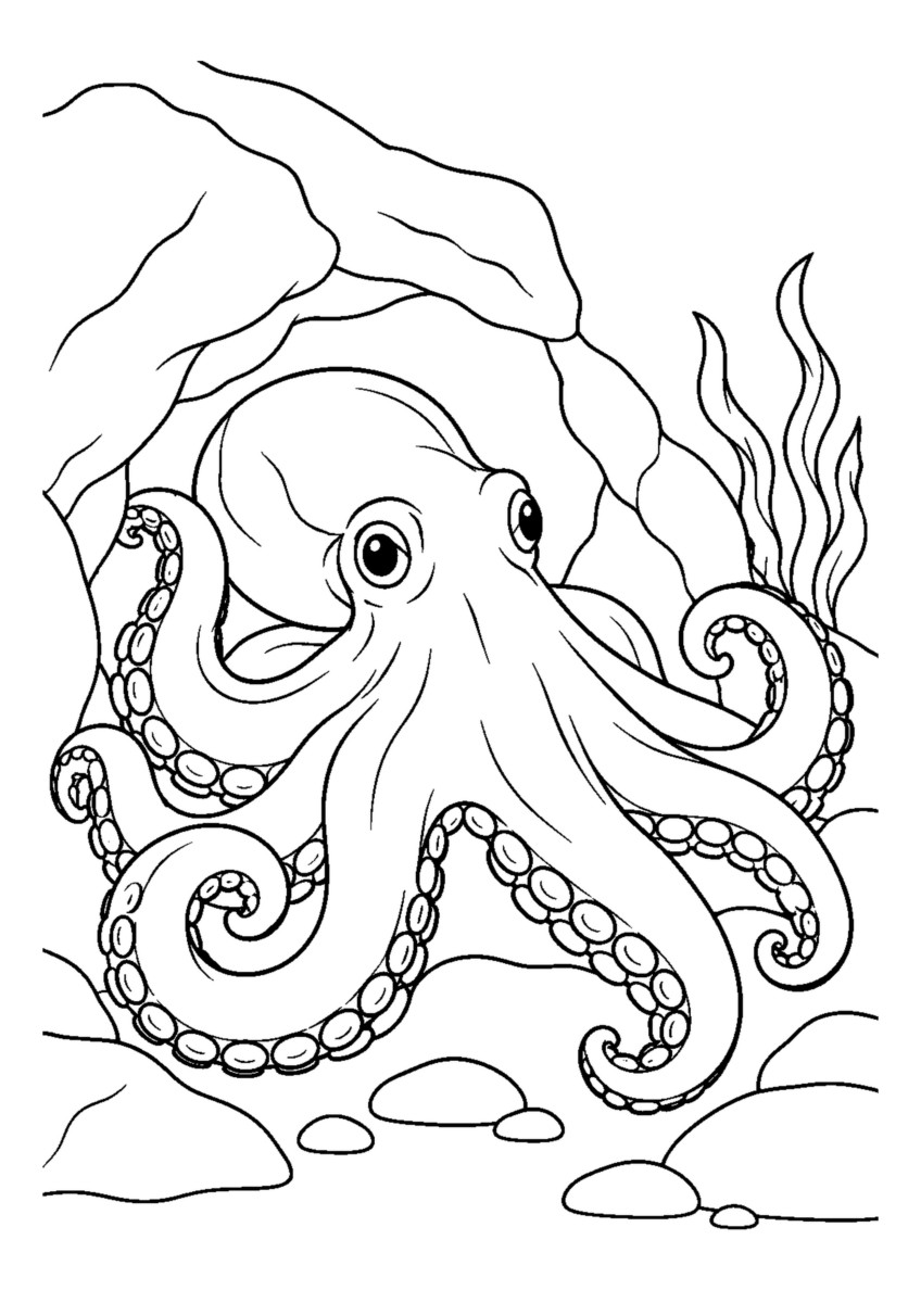 岩陰のたこを大きく描いた高齢者向けの白黒塗り絵