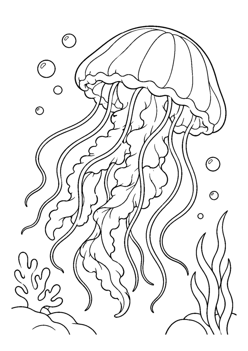 海を漂うくらげを大きく描いた高齢者向けの白黒塗り絵