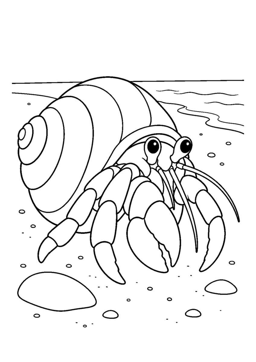 砂浜のやどかりを大きく描いた高齢者向けの白黒塗り絵