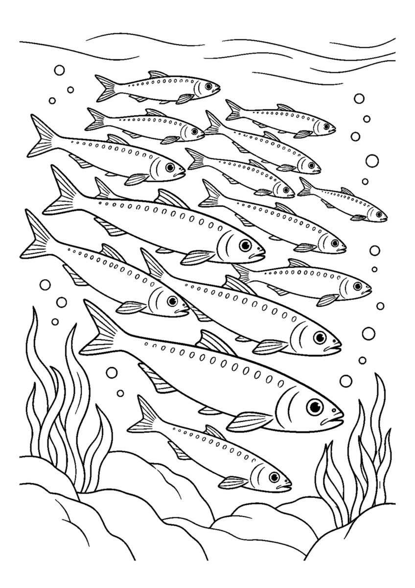 群れで泳ぐいわしを大きく描いた高齢者向けの白黒塗り絵