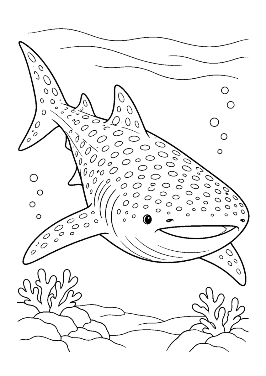 海中を進むじんべえざめを大きく描いた高齢者向けの白黒塗り絵