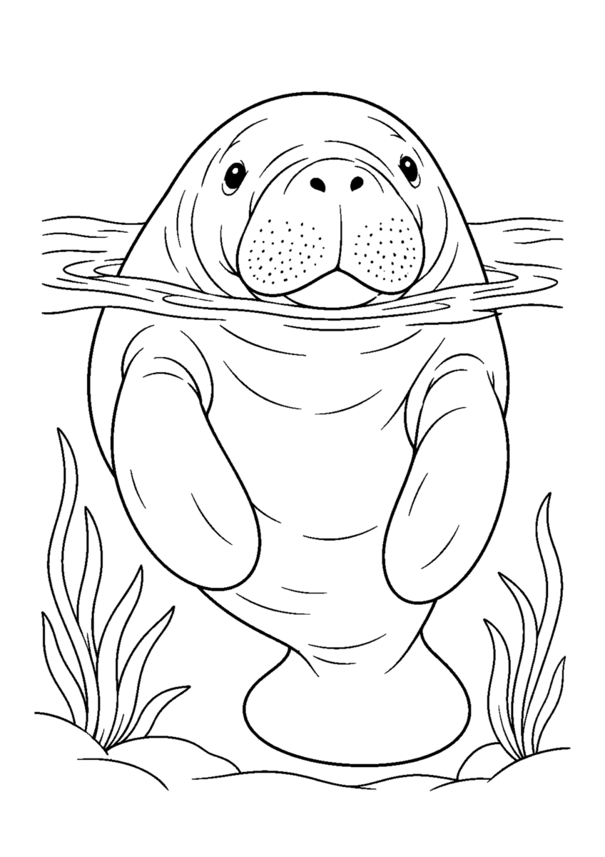 水面から顔を出すまなてぃーを大きく描いた高齢者向けの白黒塗り絵