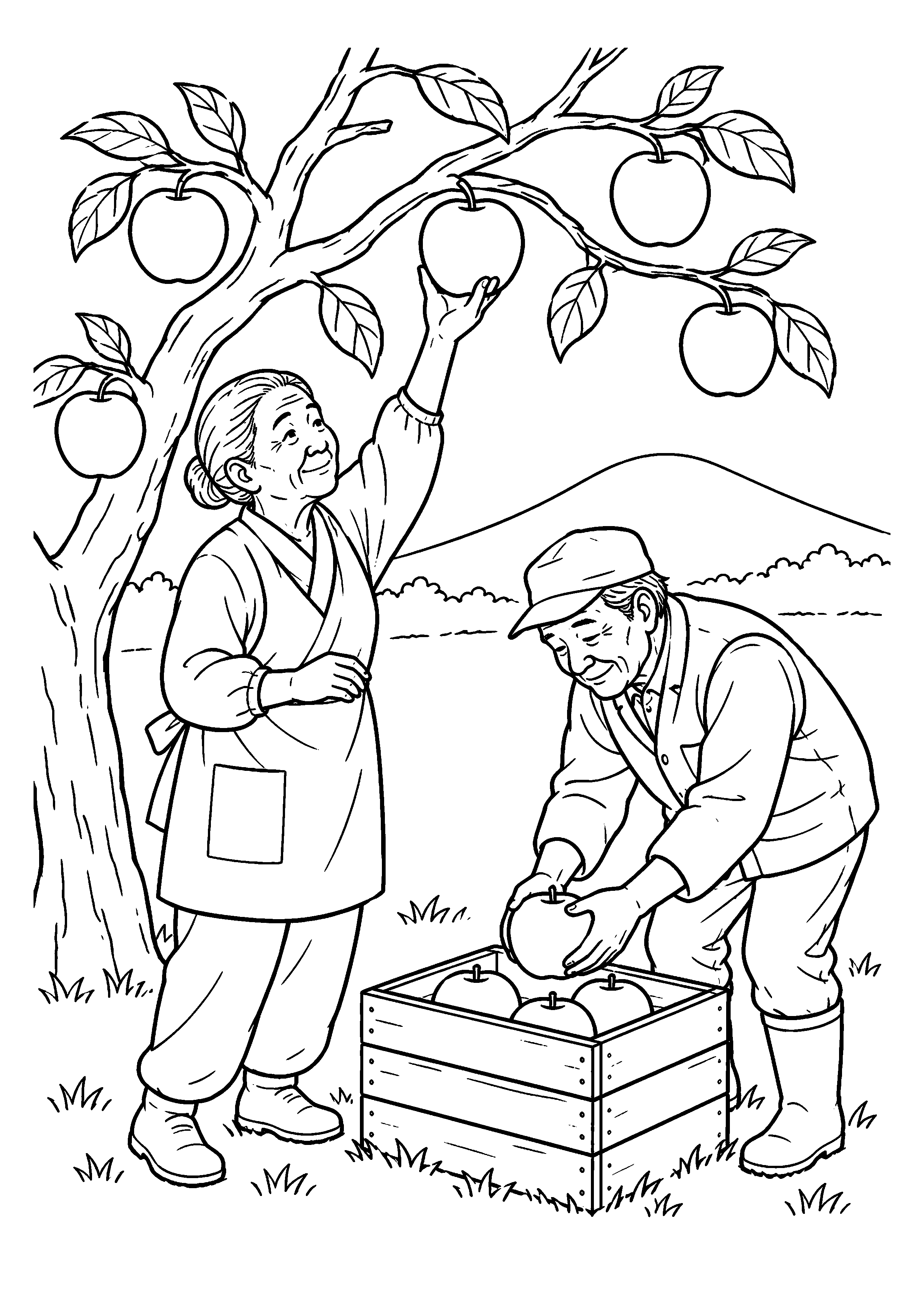 晩秋の果樹園で赤いりんごをかごへ収穫する場面を描いた高齢者向けの白黒線画塗り絵