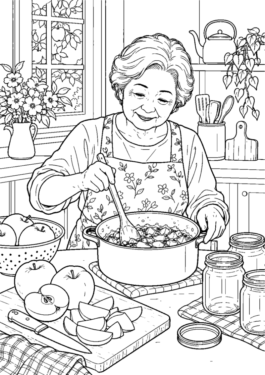 りんごジャム作りを10月の場面として描いた高齢者向けの白黒線画塗り絵