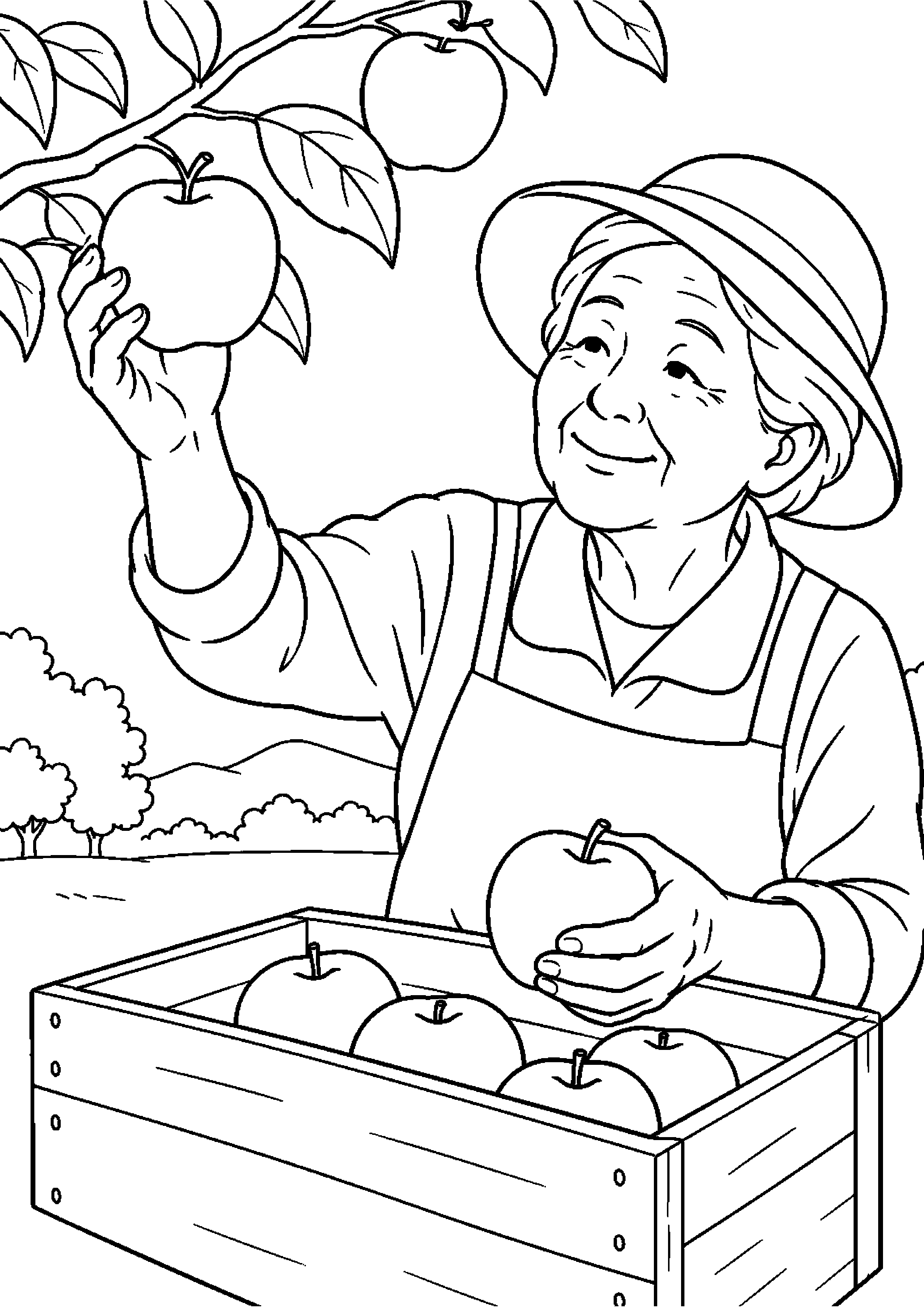 実ったりんごを手に取り木箱へ収める高齢者向けの白黒塗り絵