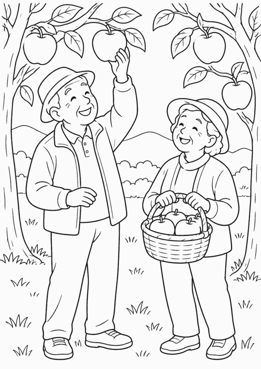 二人の高齢者が10月の果樹園でりんご狩りを楽しむ白黒線画の塗り絵