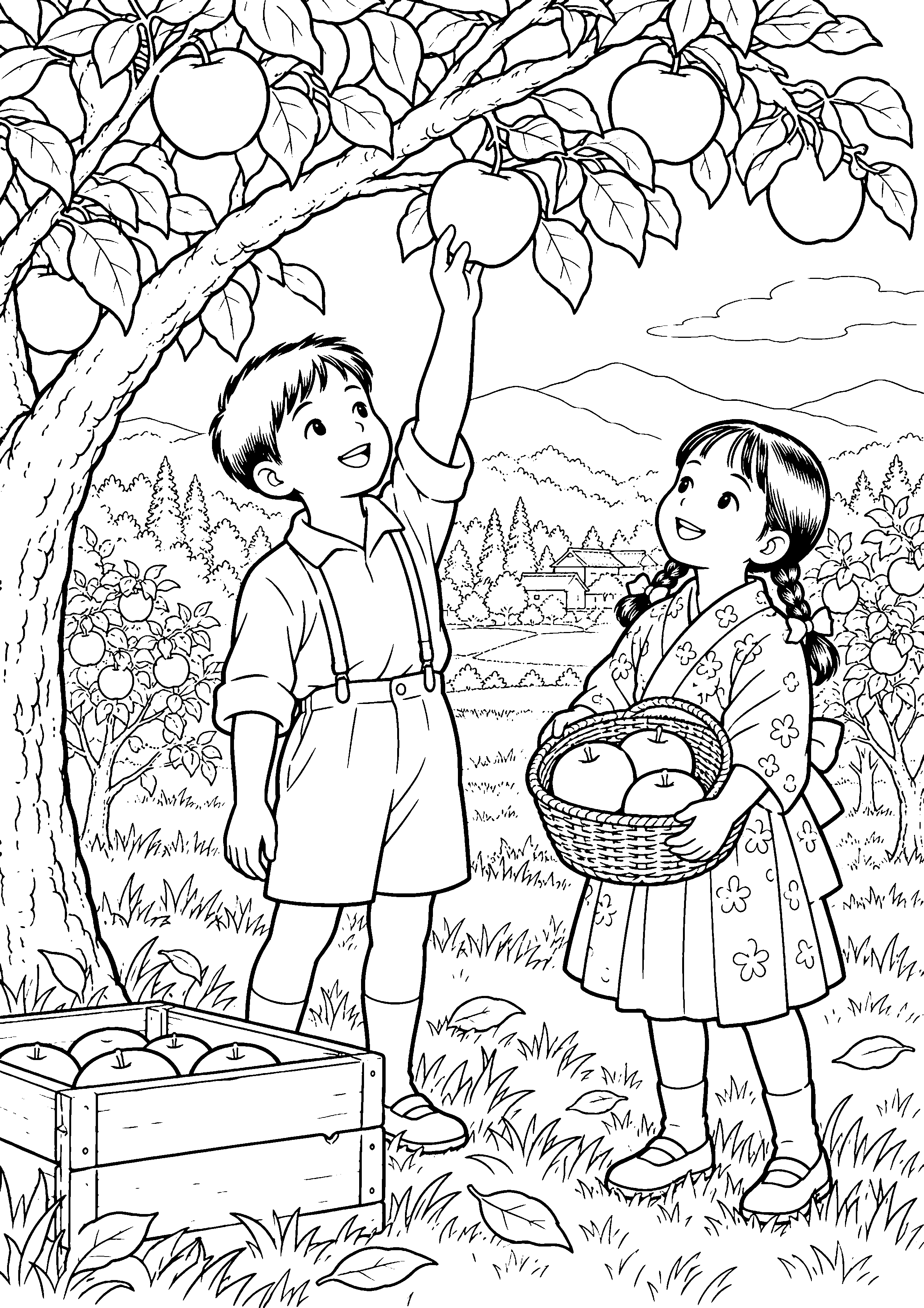 秋の果樹園でりんごを収穫する子どもたちの白黒塗り絵