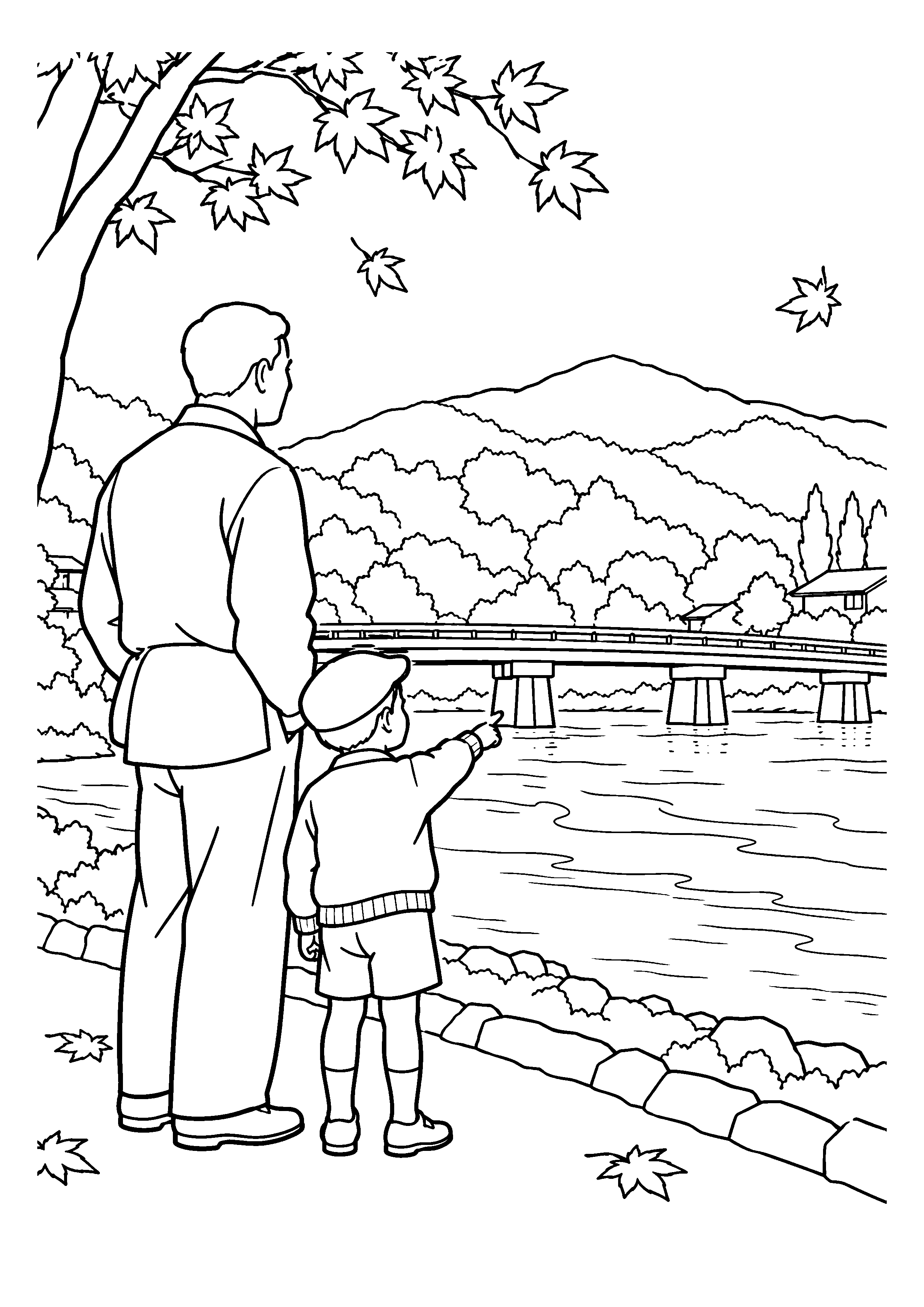 昭和２０年代後半の１１月をイメージした嵐山の渡月橋の白黒塗り絵