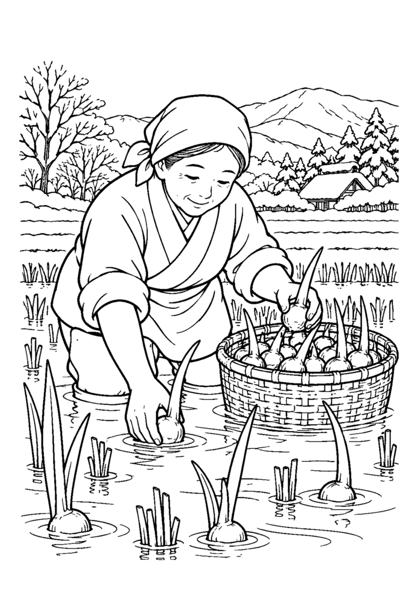 水田で芽の伸びたくわいを籠へ入れる。白黒の高齢者向け塗り絵