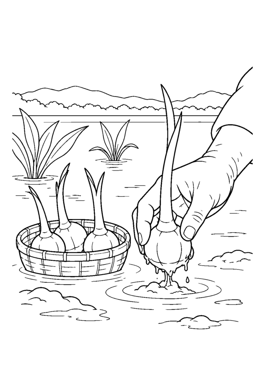 浅い泥水から芽のある球を手ですくい、脇の小さなかごに入れる。白黒の高齢者向け塗り絵