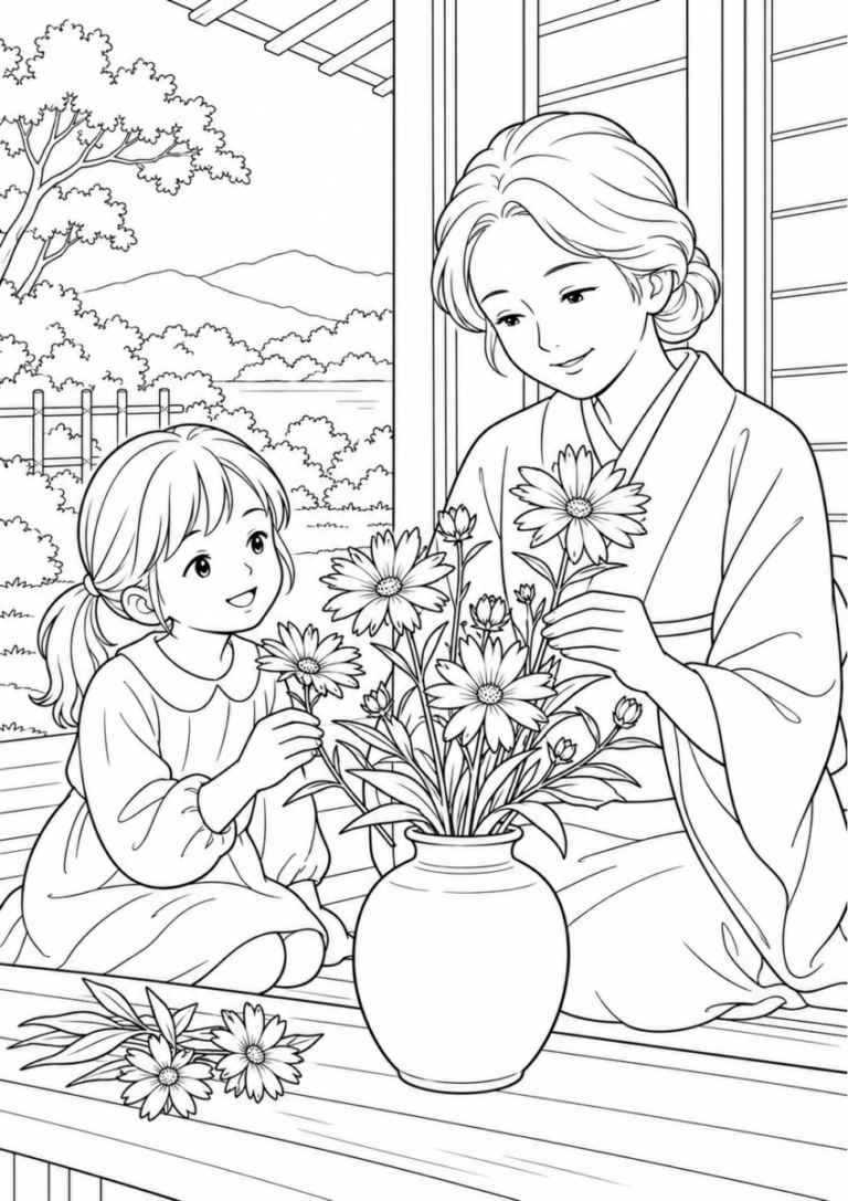 シオンの花を10月の場面として描いた高齢者向けの白黒線画塗り絵
