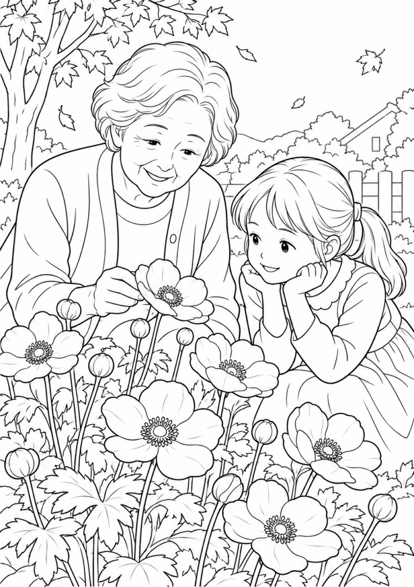 秋明菊の花壇を10月の場面として描いた高齢者向けの白黒線画塗り絵
