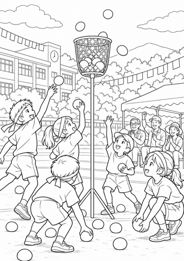 秋の運動会の玉入れを10月の場面として描いた高齢者向けの白黒線画塗り絵