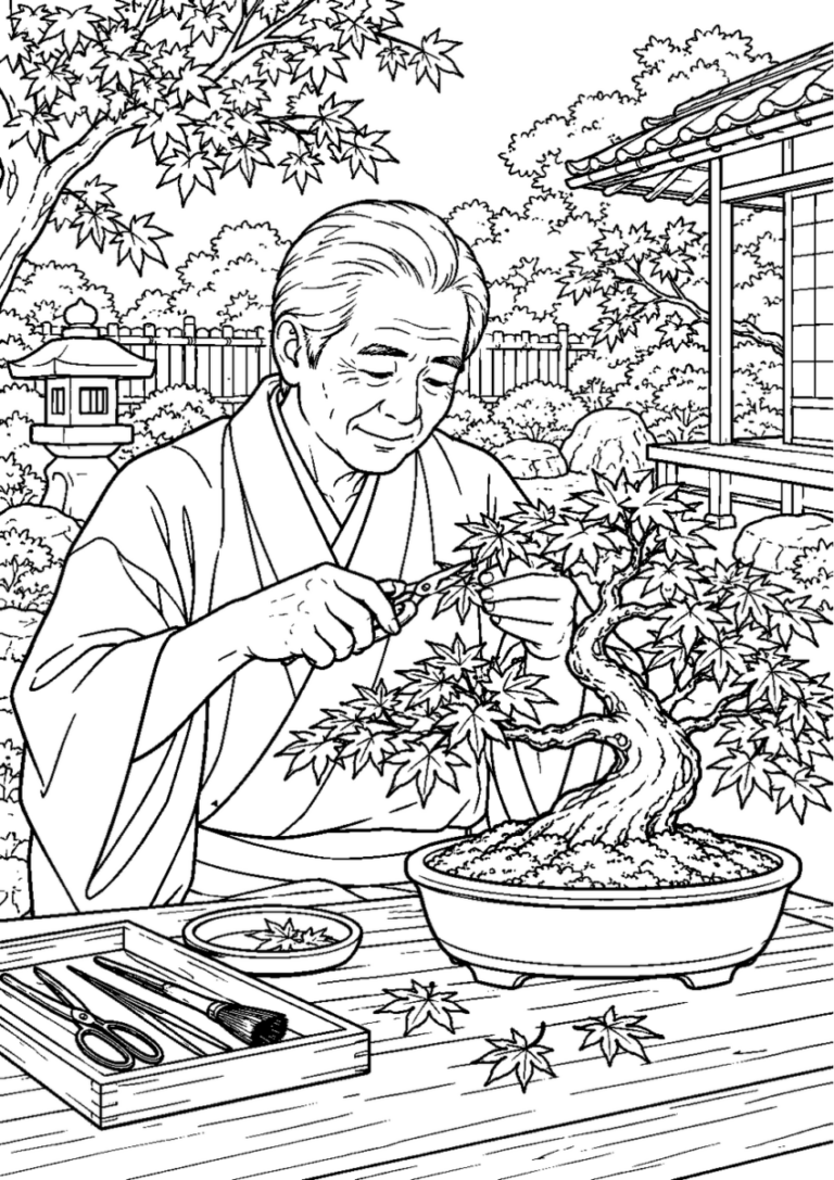 秋の庭で盆栽の手入れを10月の場面として描いた高齢者向けの白黒線画塗り絵