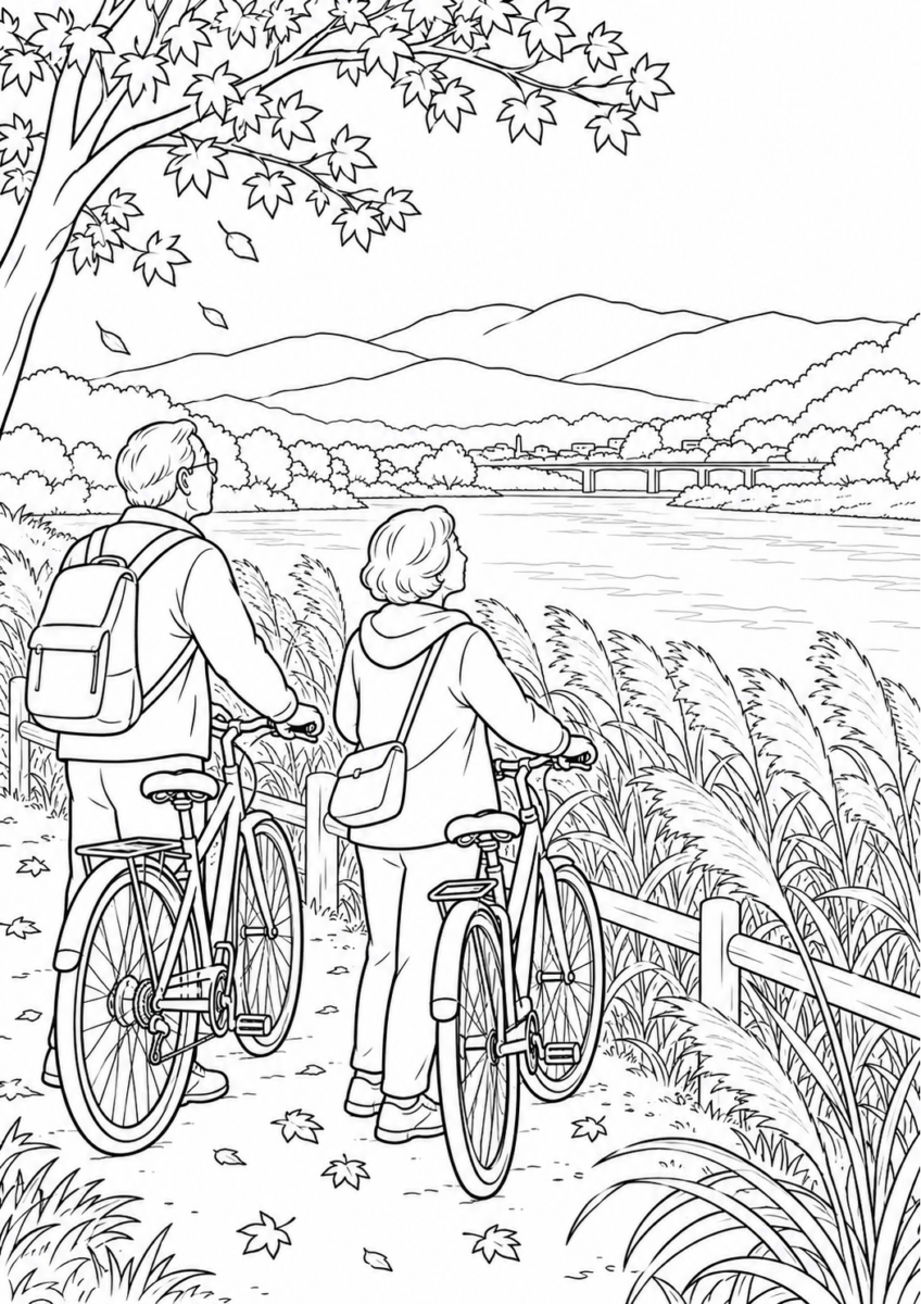 【10月】秋の河川敷サイクリングの塗り絵