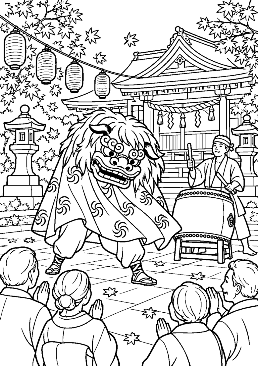 神社の秋祭りで獅子舞を10月の場面として描いた高齢者向けの白黒線画塗り絵