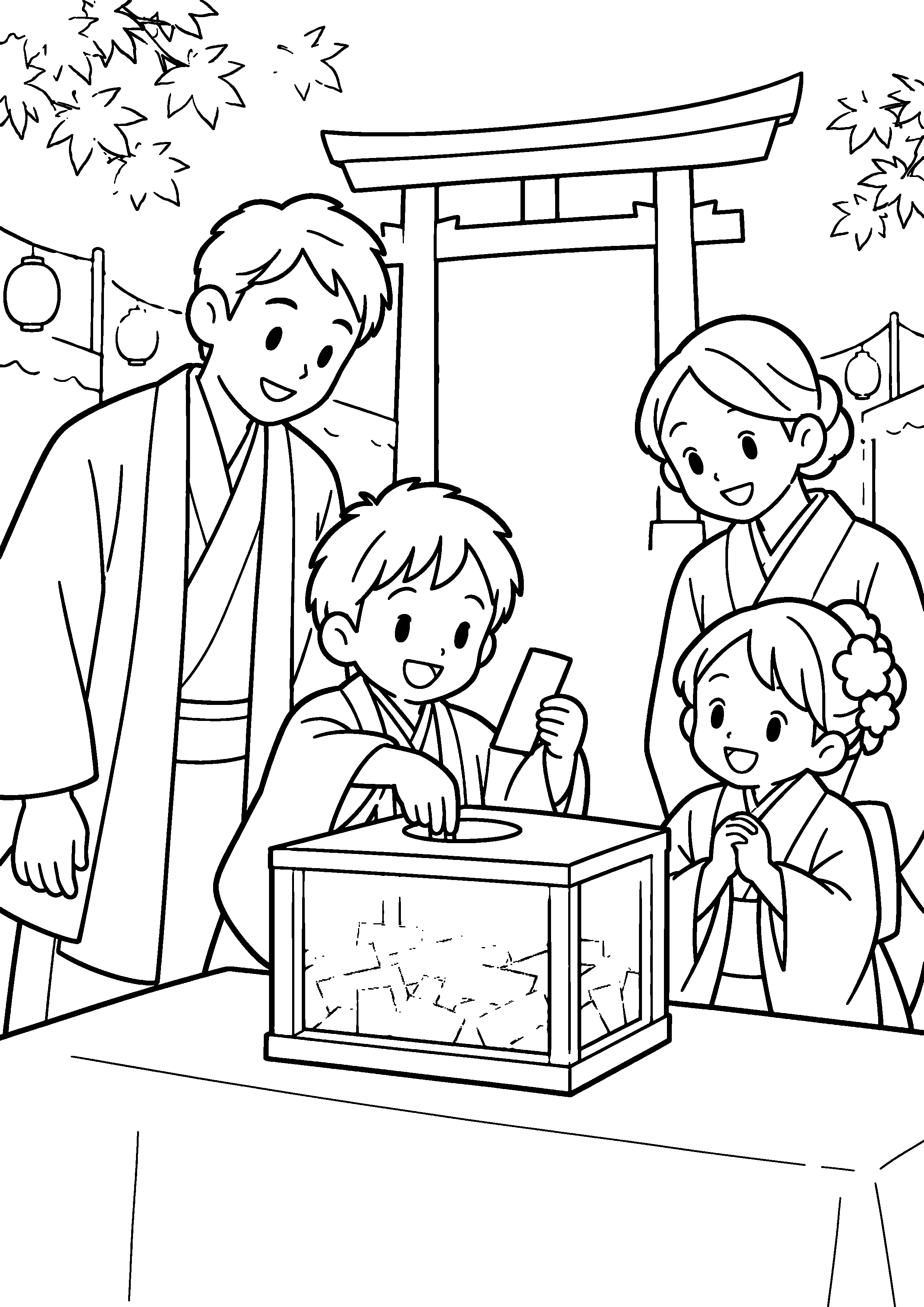昭和の神社の秋祭りで、子どもが箱からくじを一枚引き、家族が横で見守っている様子を、太く見やすい黒線で描いた高齢者向け塗り絵