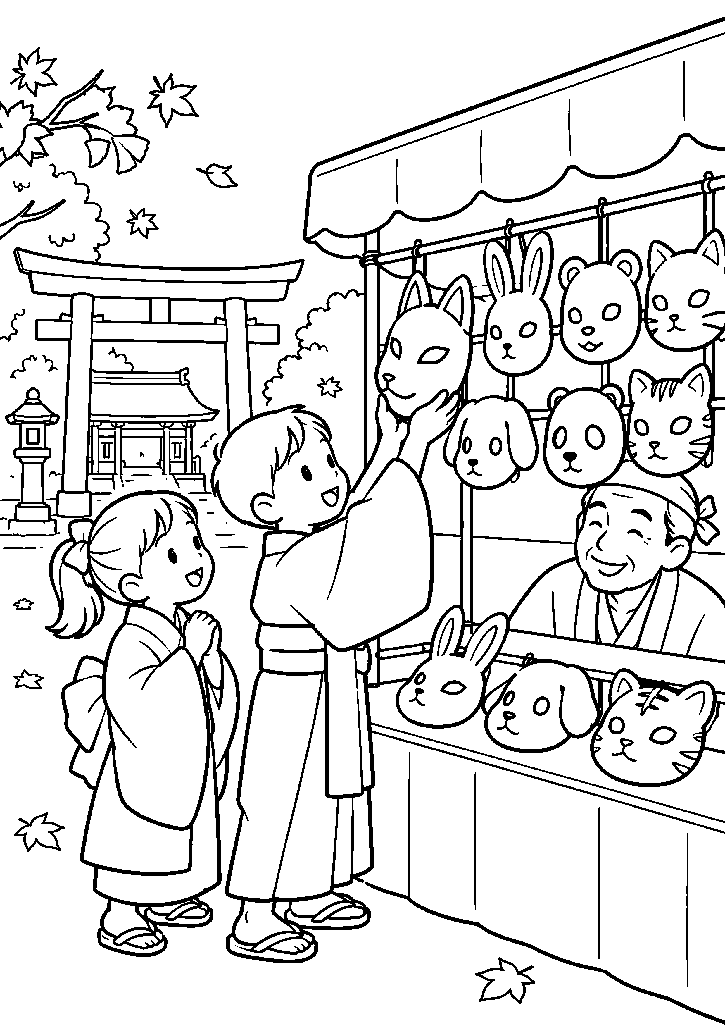 昭和の神社の秋祭りで、兄妹が屋台に並ぶ昔ながらの動物のお面から一つを選んでいる様子を、太く見やすい黒線で描いた高齢者向け塗り絵