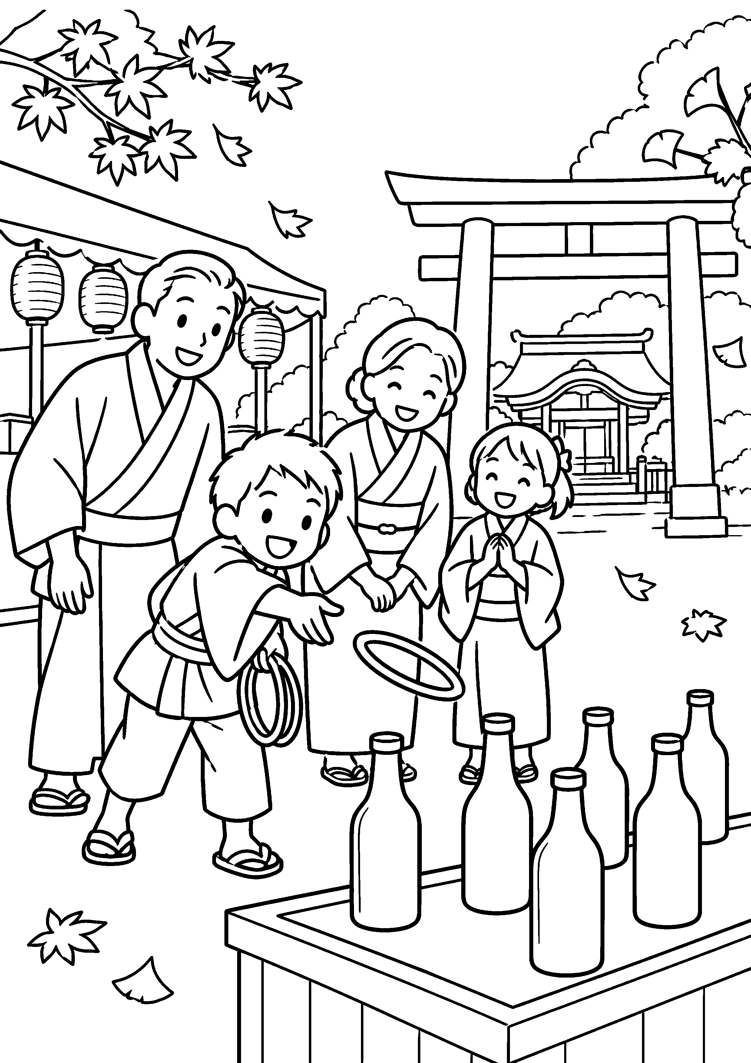 昭和の神社の秋祭りで、子どもが屋台の瓶へ輪を投げ、家族が見守っている様子を、太く見やすい黒線で描いた高齢者向け塗り絵