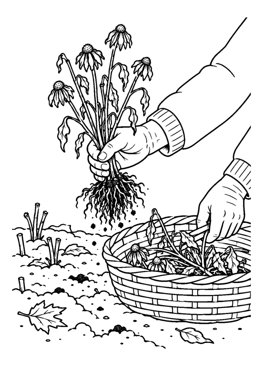 花の終わった一年草の根を抜き、広い浅かごへ入れる作業。白黒の高齢者向け塗り絵