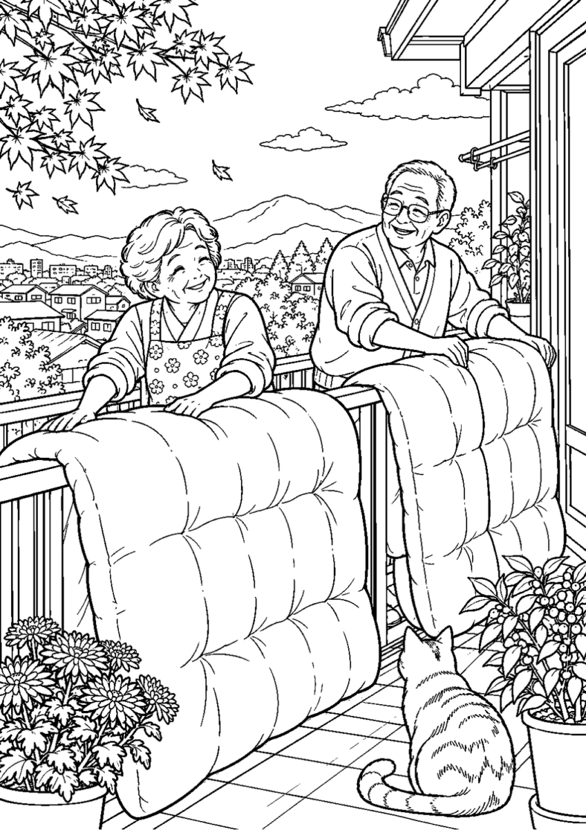 秋晴れの布団干しを10月の場面として描いた高齢者向けの白黒線画塗り絵
