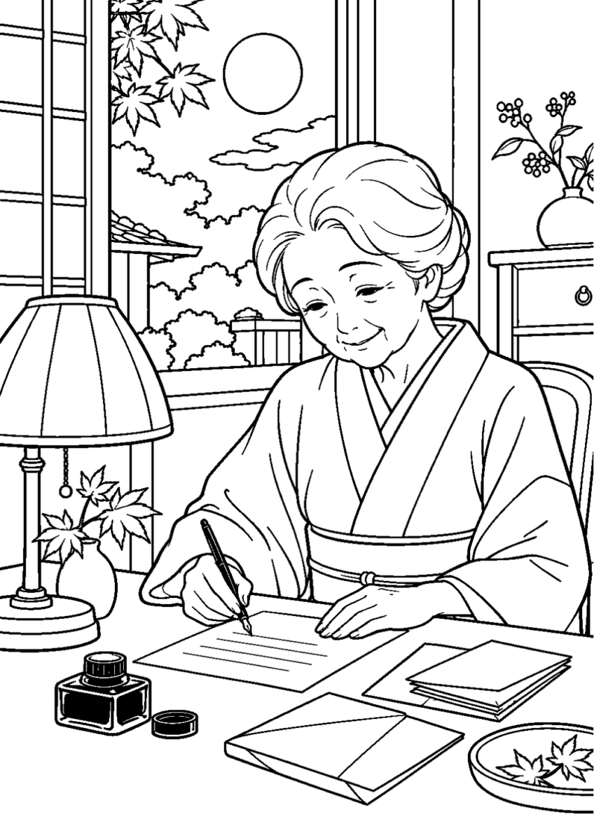 秋の夜長に手紙を書くを10月の場面として描いた高齢者向けの白黒線画塗り絵