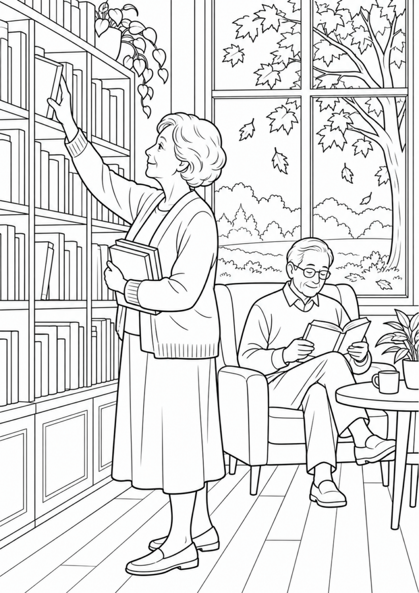 図書館で秋の読書を10月の場面として描いた高齢者向けの白黒線画塗り絵