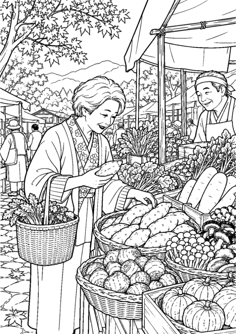 秋の朝市で野菜を選ぶを10月の場面として描いた高齢者向けの白黒線画塗り絵